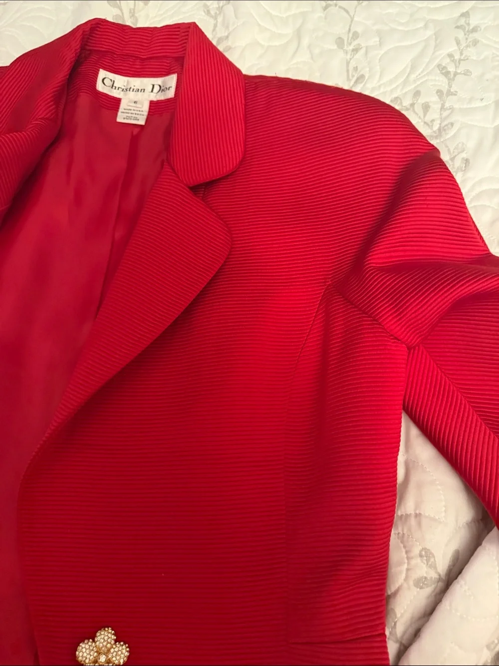 Dior Vibrant Red Women's Tailored Blazer with Floral Button